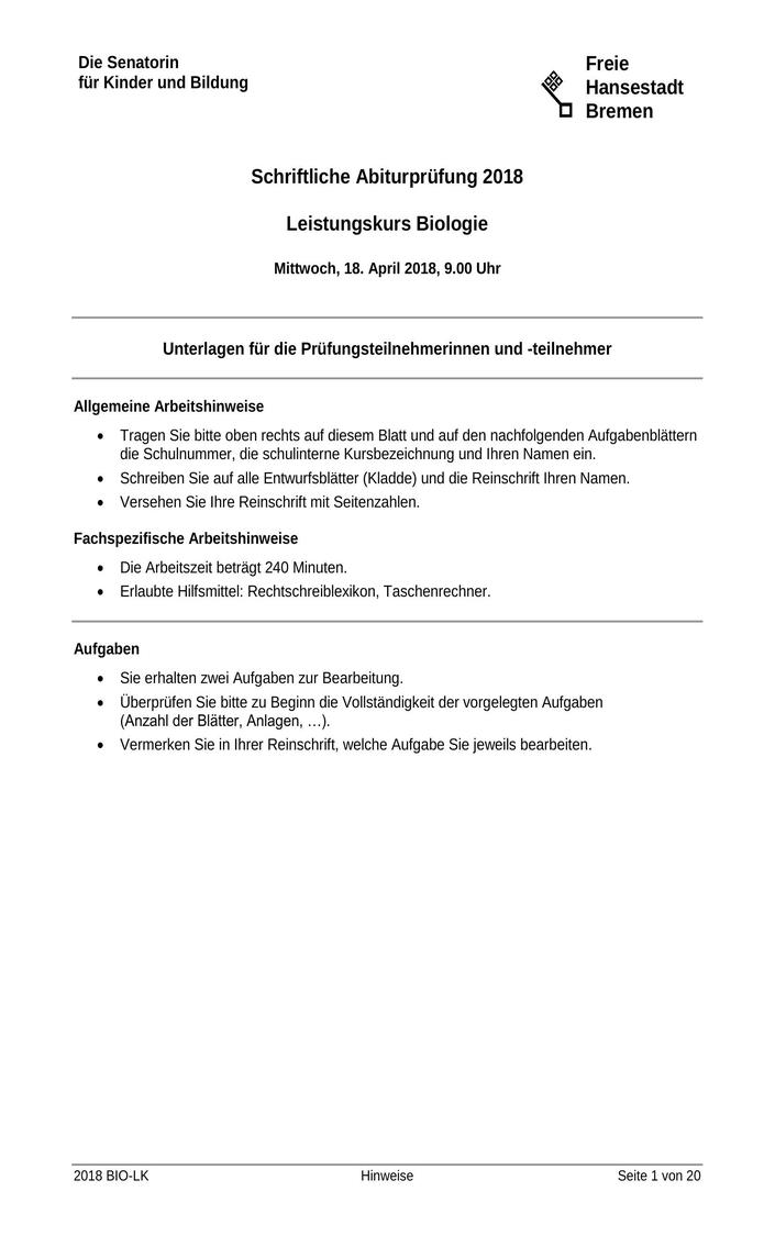 Abi Biologie Prüfung 2018 Bremen