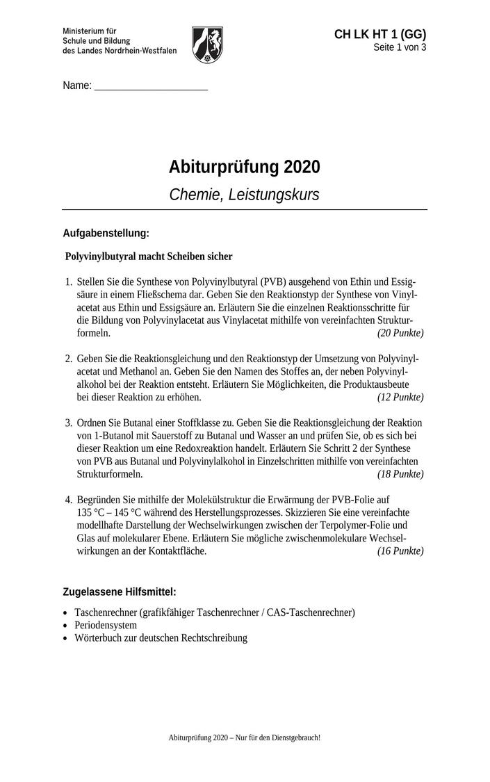 Abi Chemie Prüfung 2020 NRW