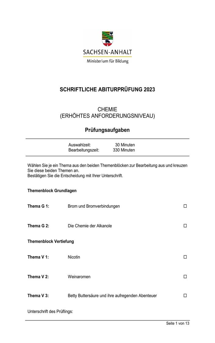 Abi Chemie Prüfung 2024 Sachsen