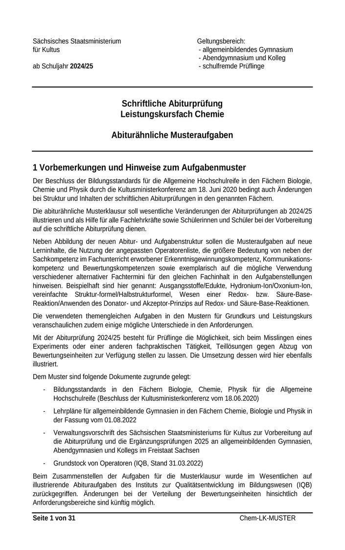 Abi Chemie Prüfung 2025 Sachsen