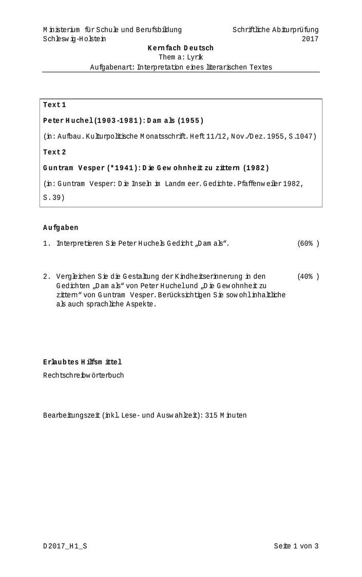 Abi Deutsch Prüfung 2017 SH