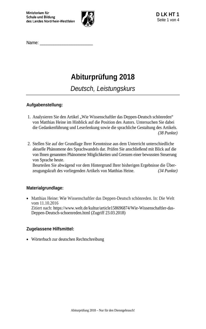 Abi Deutsch Prüfung 2018 NRW