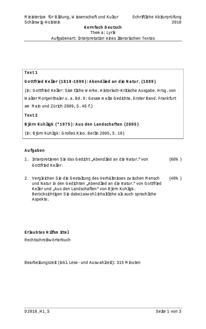 Abi Deutsch Prüfung 2018 SH