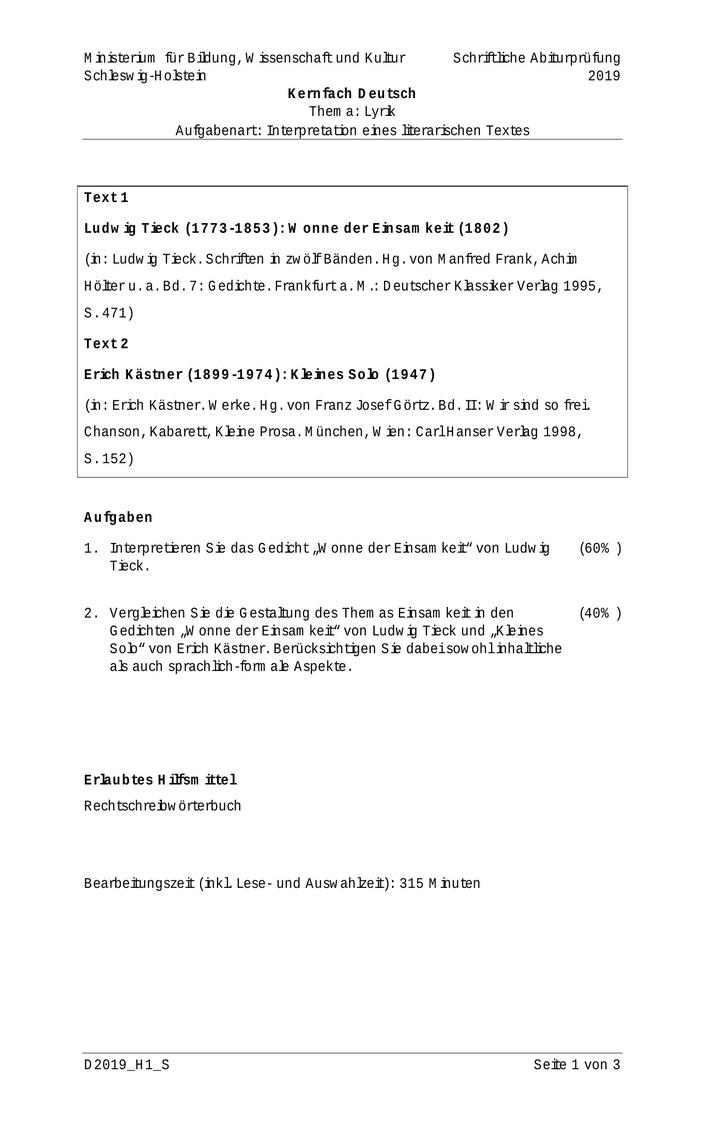 Abi Deutsch Prüfung 2019 SH