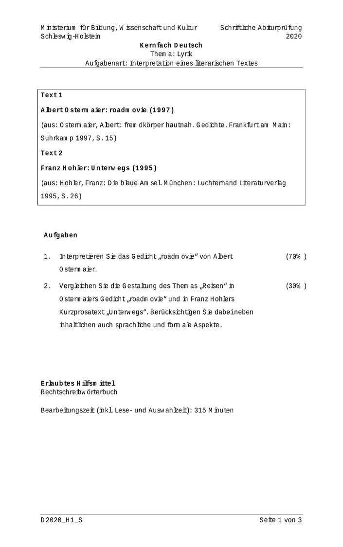 Abi Deutsch Prüfung 2020 SH