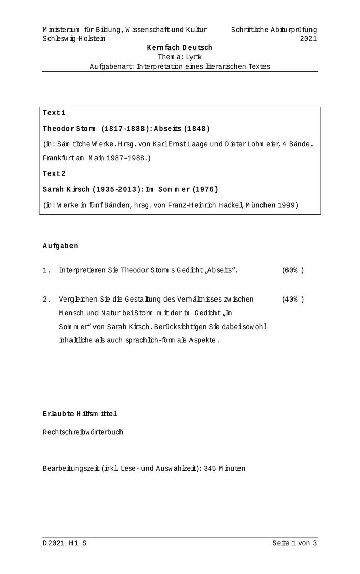 Abi Deutsch Prüfung 2021 SH