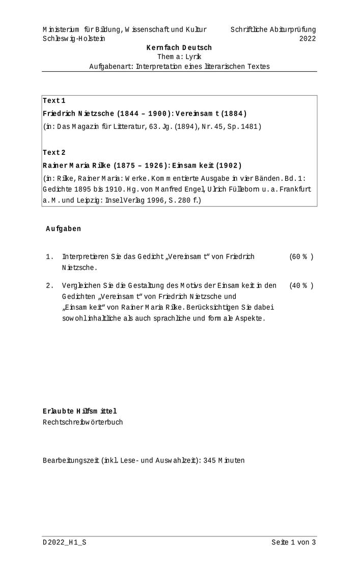 Abi Deutsch Prüfung 2022 SH