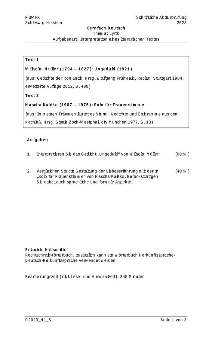 Abi Deutsch Prüfung 2023 SH