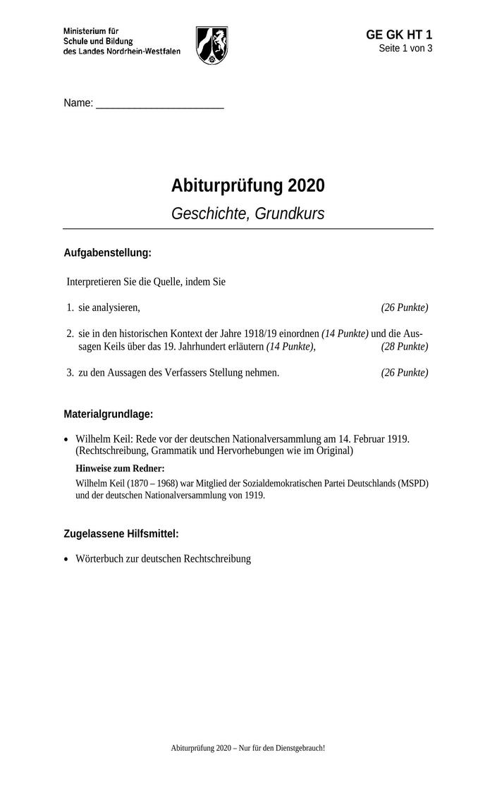 Abi Geschichte Prüfung 2020 NRW