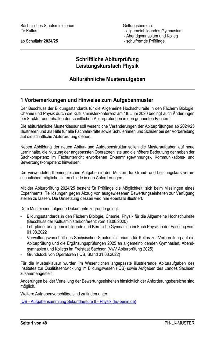 Abi Physik Prüfung 2024 Sachsen